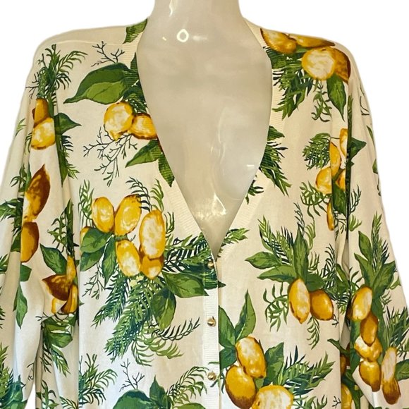 Talbots Lemon Print Cardigan Sweater with Brass Tone Buttons V-Neck Long Sleeve - Picture 3 of 7
